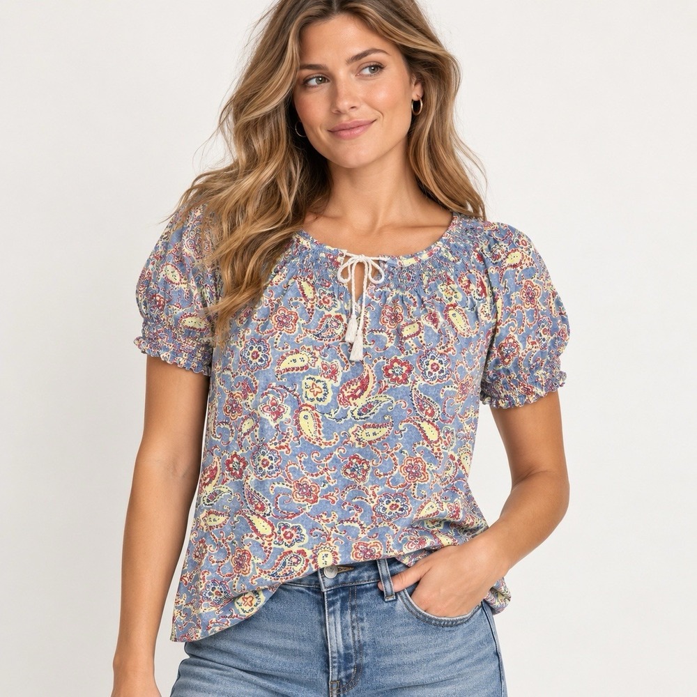 Lauren Ralph Lauren Shirt M Blue Paisley Floral Cotton Smocked Peasant Boho Top